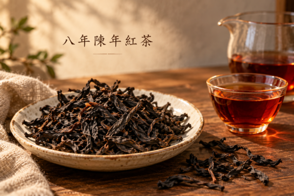 8年陳年紅茶乾茶葉與琥珀色茶湯，無包裝情境圖